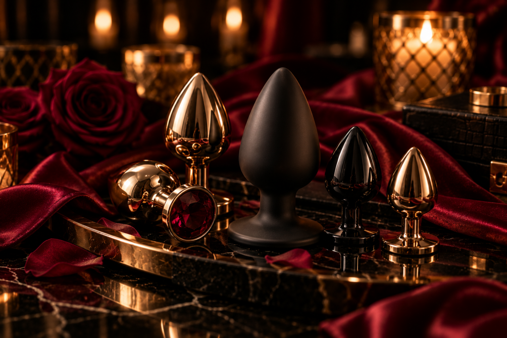 Auswahl eleganter Analplugs in Schwarz und Gold auf burgunderrotem Satin – Empfehlungen von OriVenus.