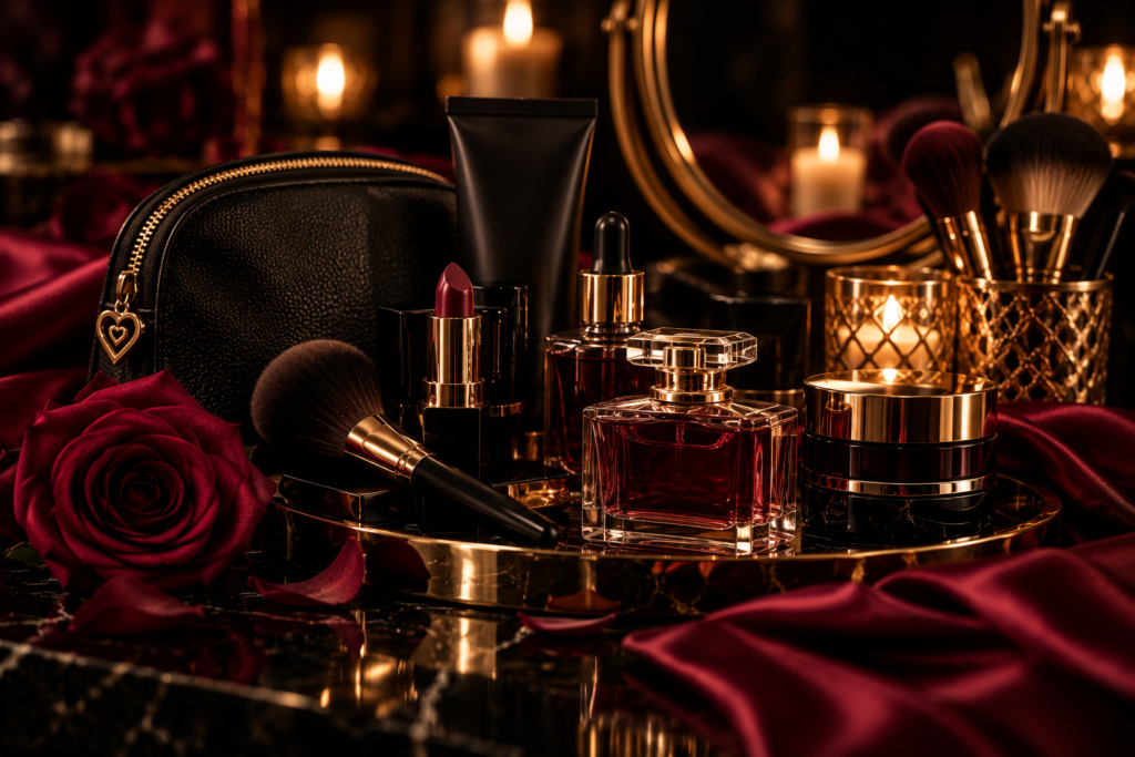 Elegante Beauty- und Pflegeprodukte mit Parfum, Kosmetik und goldenen Accessoires – OriVenus Wunschliste.